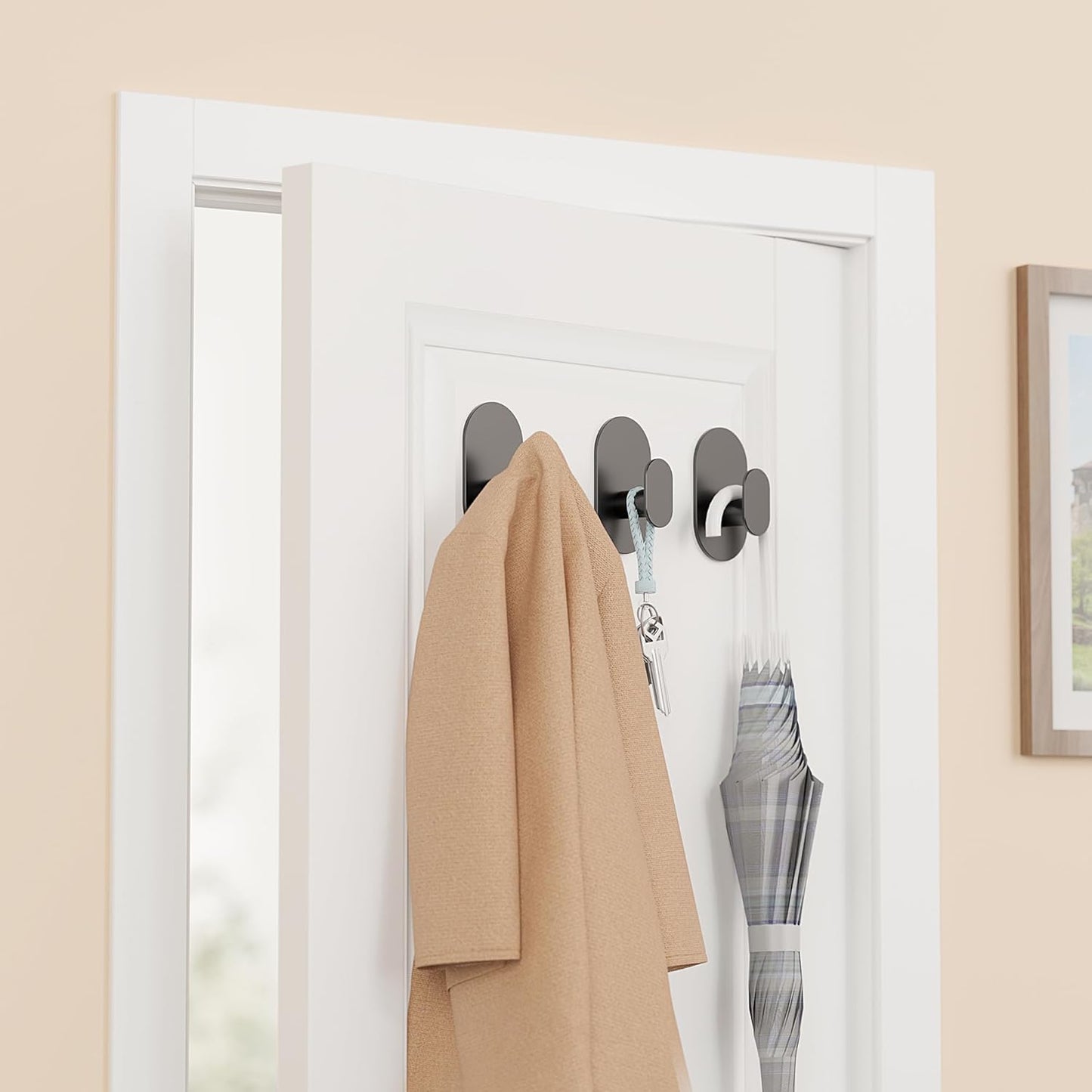 Aikzik Adhesive Towel Hooks - 4 Pack 26LB Extra Strong Heavy Duty Wall Hooks for Bathroom/Shower Door Hanging Coat, Robe, Towel, Dogs' Leads and Collars (Matte Black, Stainless Steel)
