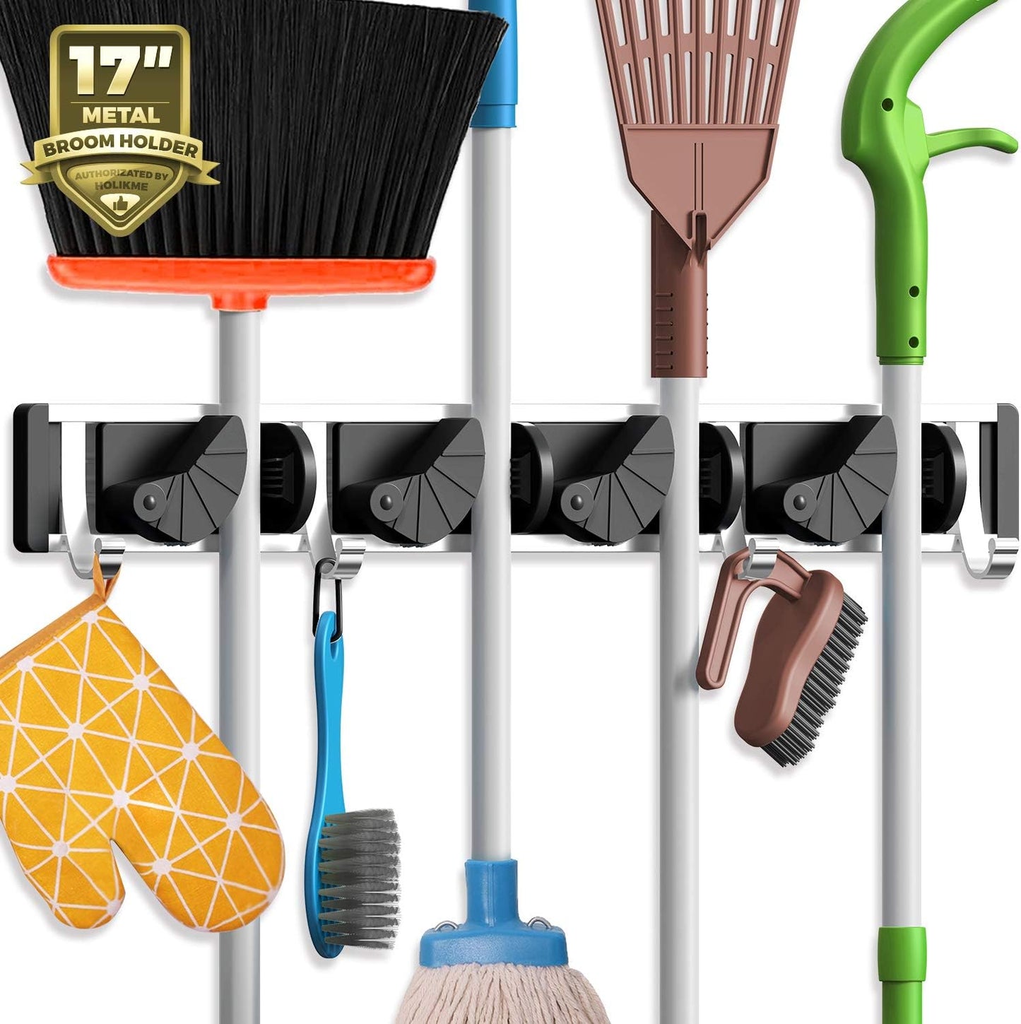 Holikme Mop Broom Holder Wall Mount Metal Pantry Organization and Storage Garden Kitchen Tool Organizer Wall Hanger for Home Goods (4 Positions with 4 Hooks, Silver)