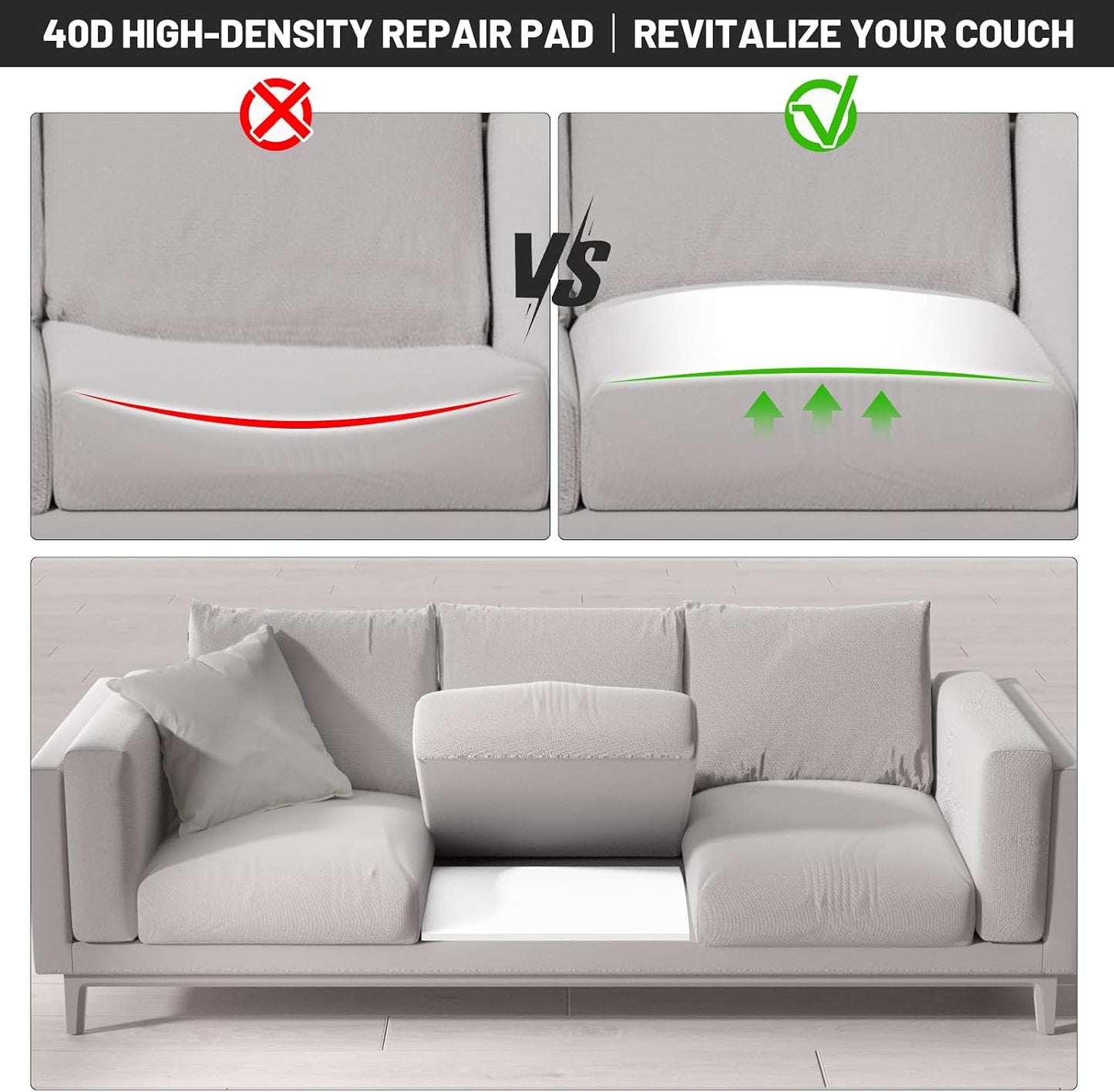 Couch Cushion Support for Sagging Seat, 20"x20"x2" 40D High Density Curved Foam Sofa Cushion Support, Under-Cushion Sag Repair,Grey Set of 3