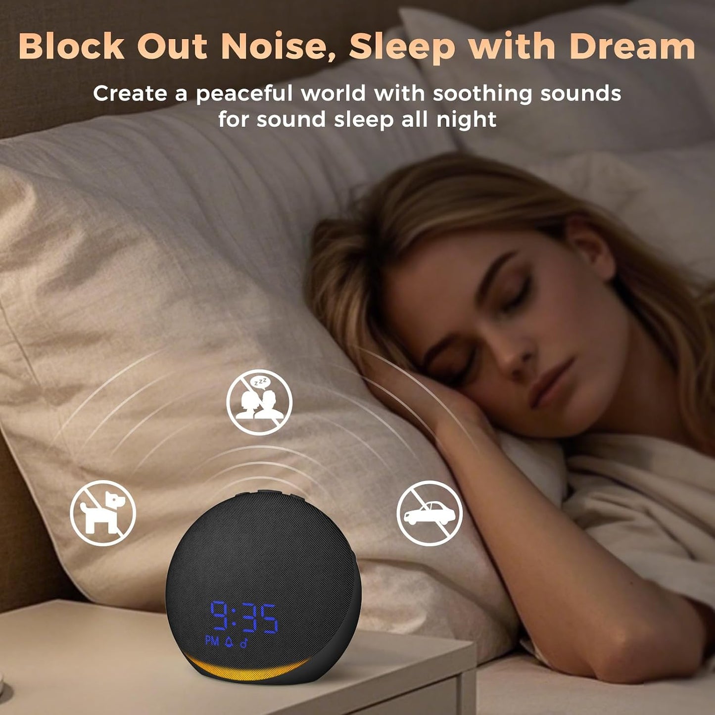 Sound Machine Alarm Clock for Bedroom: 25 Natural Sleep Sounds | White Noise Machine for Adults Kids Baby - Gentle Wake Up Alarm with Bluetooth Speaker - Putty