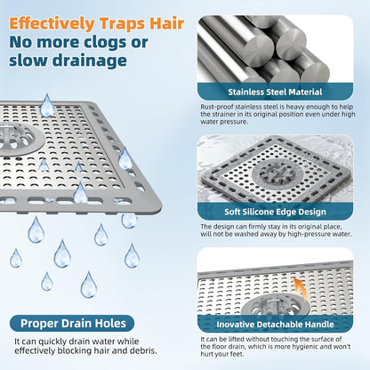 Hibbent Upgraded Shower Drain Hair Catcher for Bathroom Floor 4" Drain, Anti-Clogging Shower Drain Cover, Stainless Steel & Silicone Drain Strainer with Handle, Shower Drain Protector, Grey