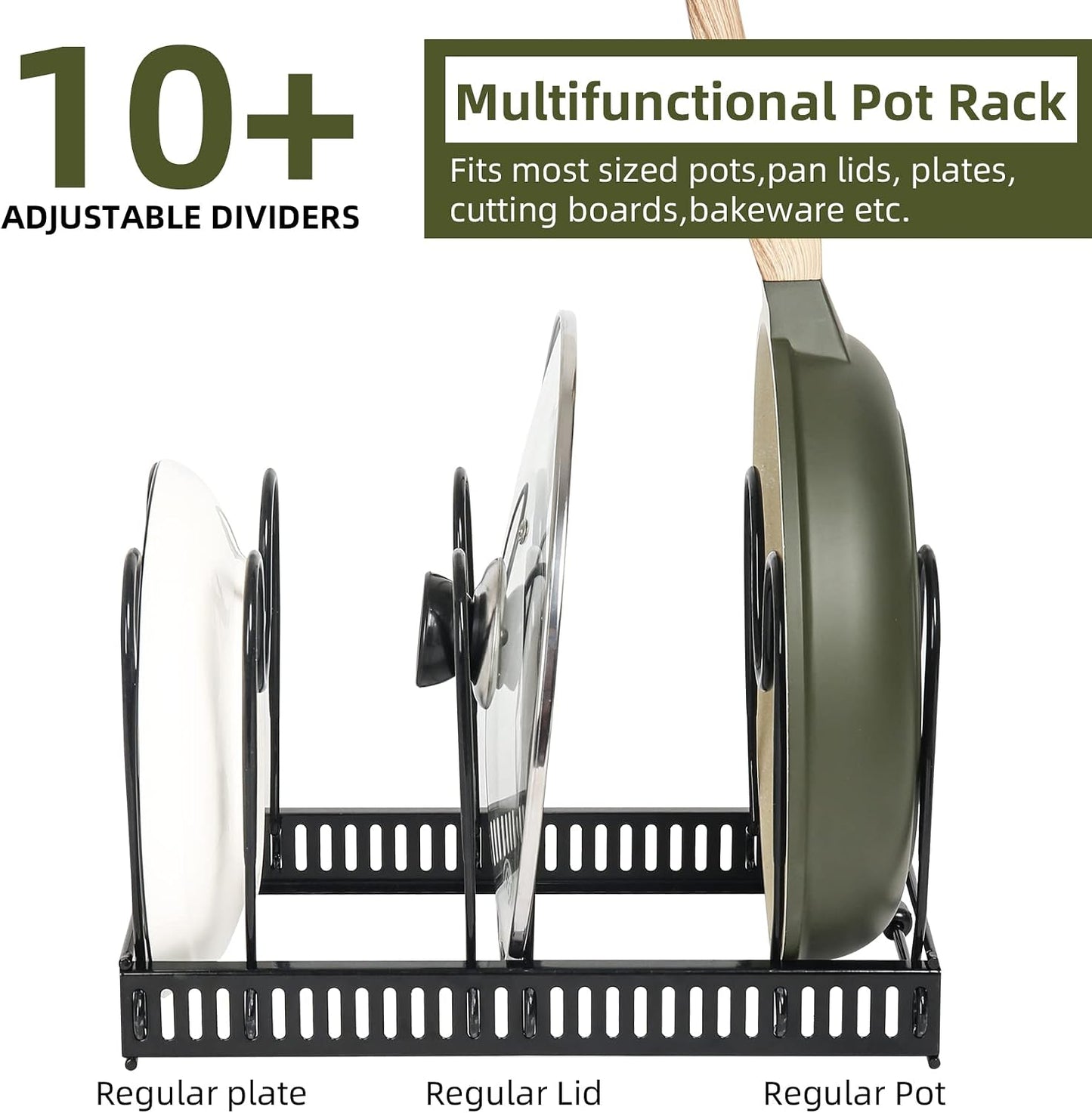 ROOHUA Pot and Pan Lid Organizer Rack for Under Cabinet, 12"-23" Expandable | 10 Adjustable Dividers, Holds Pan Lids, Cookware & Bakeware, Creates Tidy Cabinet Storage, Durable Metal, Bronze
