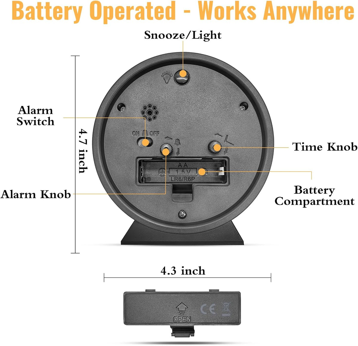4.5 Inch Small Desk Clock Battery Analog Alarm Clock for Bedroom, Black