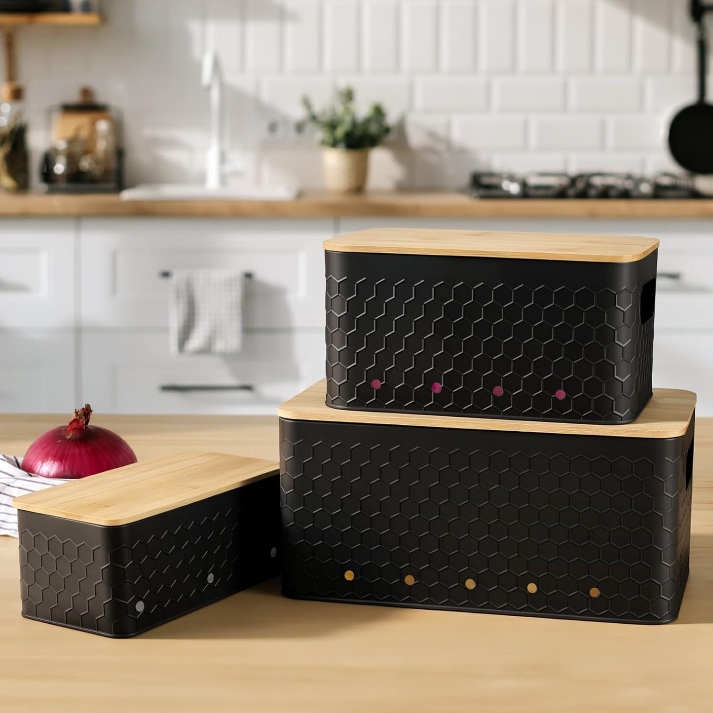 Kitchen Vegetable Storage Set of 3, Metal Onion Garlic Potato Storage Set, Kitchen Canisters Vegetable Keeper Containers with Aerating Holes and Bamboo Lid,Black