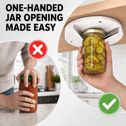 Under Cabinet Jar Opener for Weak Hands and Seniors with Arthritis, One Handed Heavy Duty Bottle and Lid Opener, Under Counter Mount Kitchen Gadget, High-Strength Adhesive and Screws Included