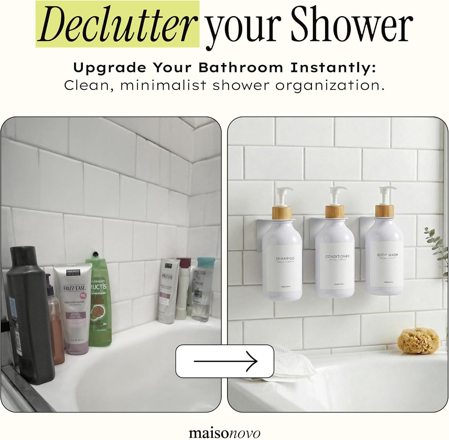 MaisoNovo Shampoo and Conditioner Dispenser|Refillable Black Set of 3 | 500 ml Shower Gel Dispenser Set of 3. Refillable Shampoo and Conditioner Bottles. Drill Free Secure Design. Black