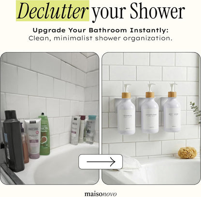 MaisoNovo Shampoo and Conditioner Dispenser|Refillable Black Set of 3 | 500 ml Shower Gel Dispenser Set of 3. Refillable Shampoo and Conditioner Bottles. Drill Free Secure Design. Black
