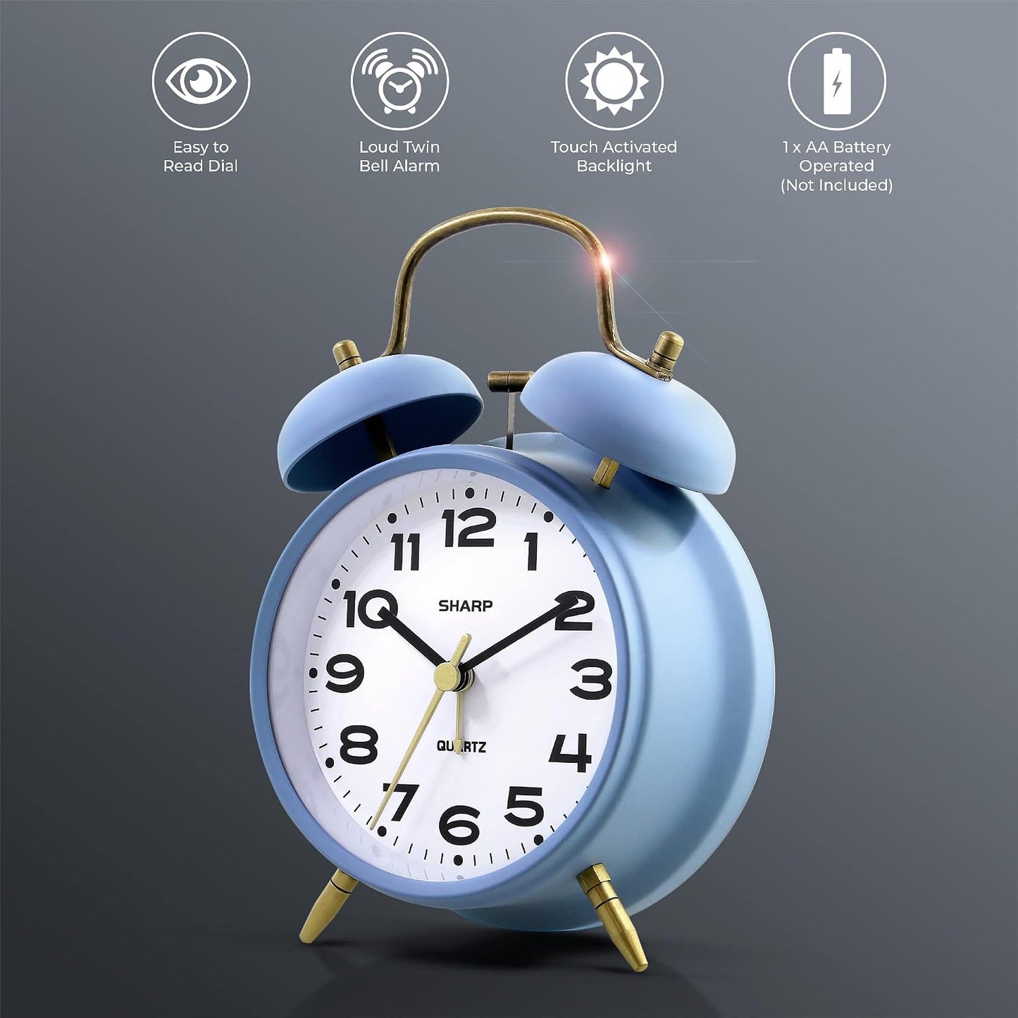 Sharp 4-Inch Twin Bell Alarm Clock for Heavy Sleepers (Matte Navy) | Extra-loud metal bell alarm, quiet quartz movement, press-button backlight, rustic bronze accents, battery operated