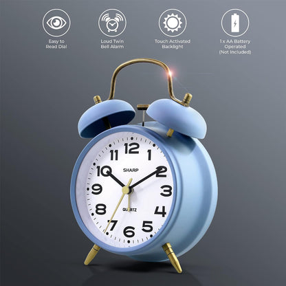 Sharp 4-Inch Twin Bell Alarm Clock for Heavy Sleepers (Matte Navy) | Extra-loud metal bell alarm, quiet quartz movement, press-button backlight, rustic bronze accents, battery operated