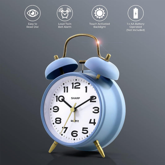 Sharp 4-Inch Twin Bell Alarm Clock for Heavy Sleepers (Matte Navy) | Extra-loud metal bell alarm, quiet quartz movement, press-button backlight, rustic bronze accents, battery operated