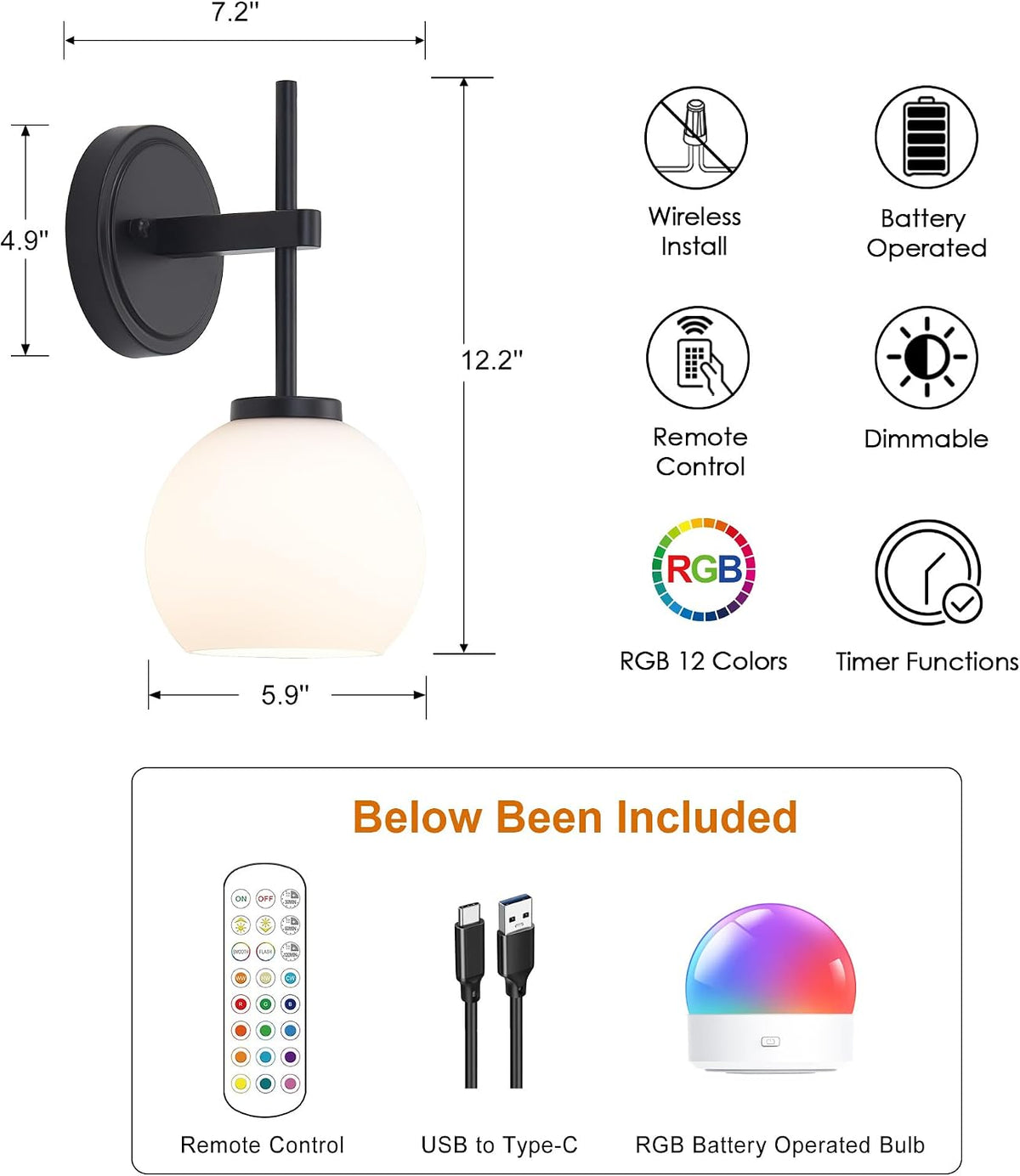 Wireless Wall Sconces with Remote Control, Battery Operated Wall Sconce Set of 2, Black & Gold Rechargeable Dimmable Wall Light for Bedroom Living room Bathroom Hallway Entryway Stairwell, 3000K