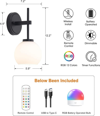 Wireless Wall Sconces with Remote Control, Battery Operated Wall Sconce Set of 2, Black & Gold Rechargeable Dimmable Wall Light for Bedroom Living room Bathroom Hallway Entryway Stairwell, 3000K