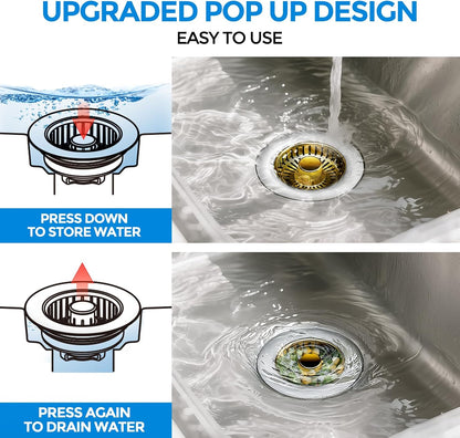 3 in 1 Kitchen Sink Drain Strainer Stopper Removable Basket Pop-Up | Kitchen Sink Food Strainer 1 Pack Silver Stainless - Food Catcher, Odor-Block Seal, Fits 3.5" Drain, Easy Clean