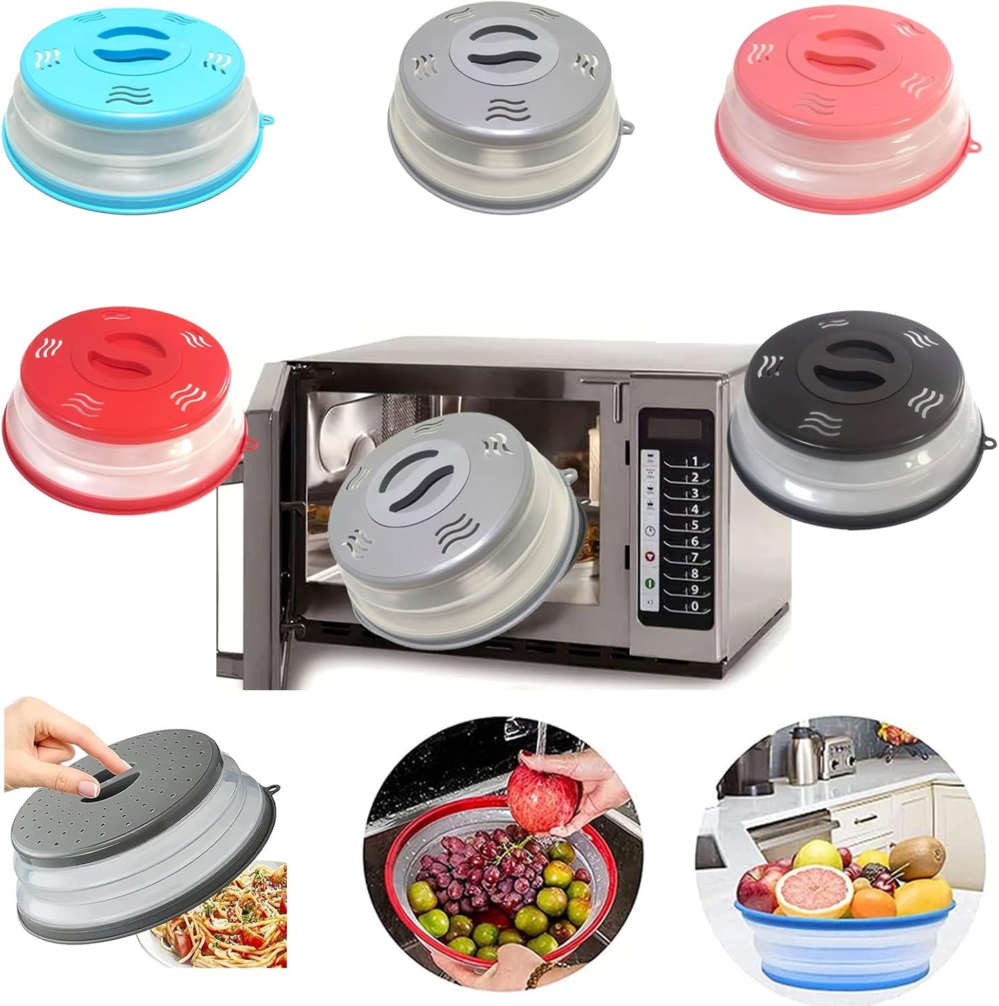 Microwave Splatter Cover Vented for Food, Microwave Plate Cover Splatter Guard & Colander, Fruit Vegetables Drainer with Hook Hole, Dishwasher-Safe,BPA-Free Silicone & Plastic (Black)