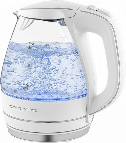 OVENTE 1.5L Glass Electric Kettle Water Boiler, Black KG83B | 1100W Fast Boiling, Borosilicate Glass, BPA-Free, Blue LED, Auto Shut-Off, Boil-Dry Protection, Removable Filter, 360° Base