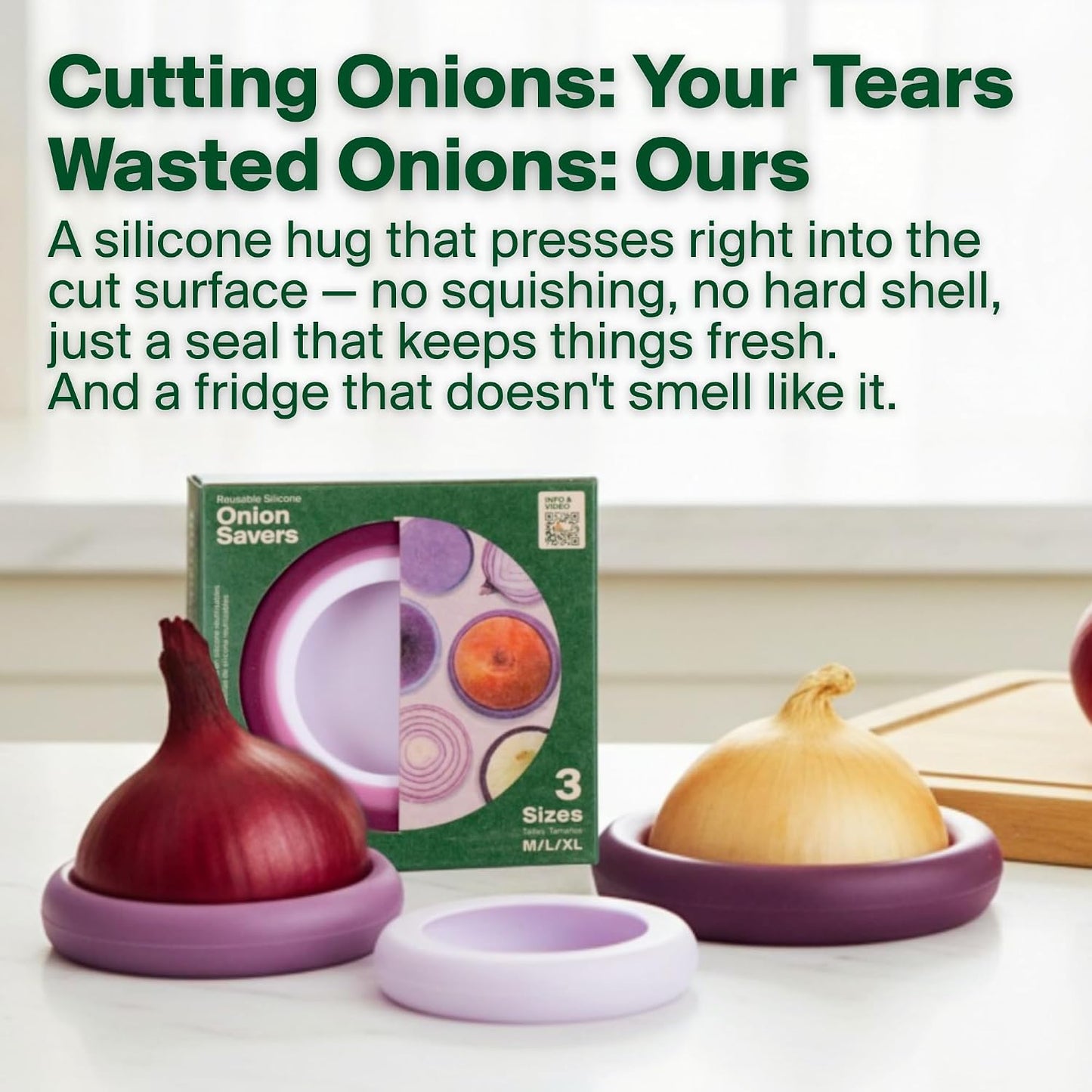 Food Huggers Onion Hugger - Onion Storage & Saver BPA Free Silicone Snug Fit Containers Perfect Holder & Keeper for Refrigerator to Keep Your Onions Fresh Longer - Set of 3