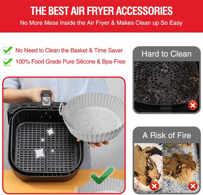 2 Pack Air Fryer Silicone Liners Pot for 3 to 5 QT, Basket Bowl, Replacement of Flammable Parchment Paper, Reusable Baking Tray Oven Accessories, Red+Blue, (Top 8in, Bottom 6.75in)