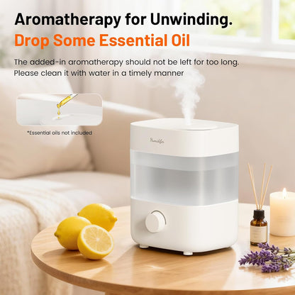 Humidifiers for Bedroom, 2L Top Fill Cool Mist Humidifier, 20dB Quiet ﻿ | 2L top-fill tank, dual 360° nozzles, 20dB quiet operation, stepless mist control, 7-color light, and low-water auto shut-off