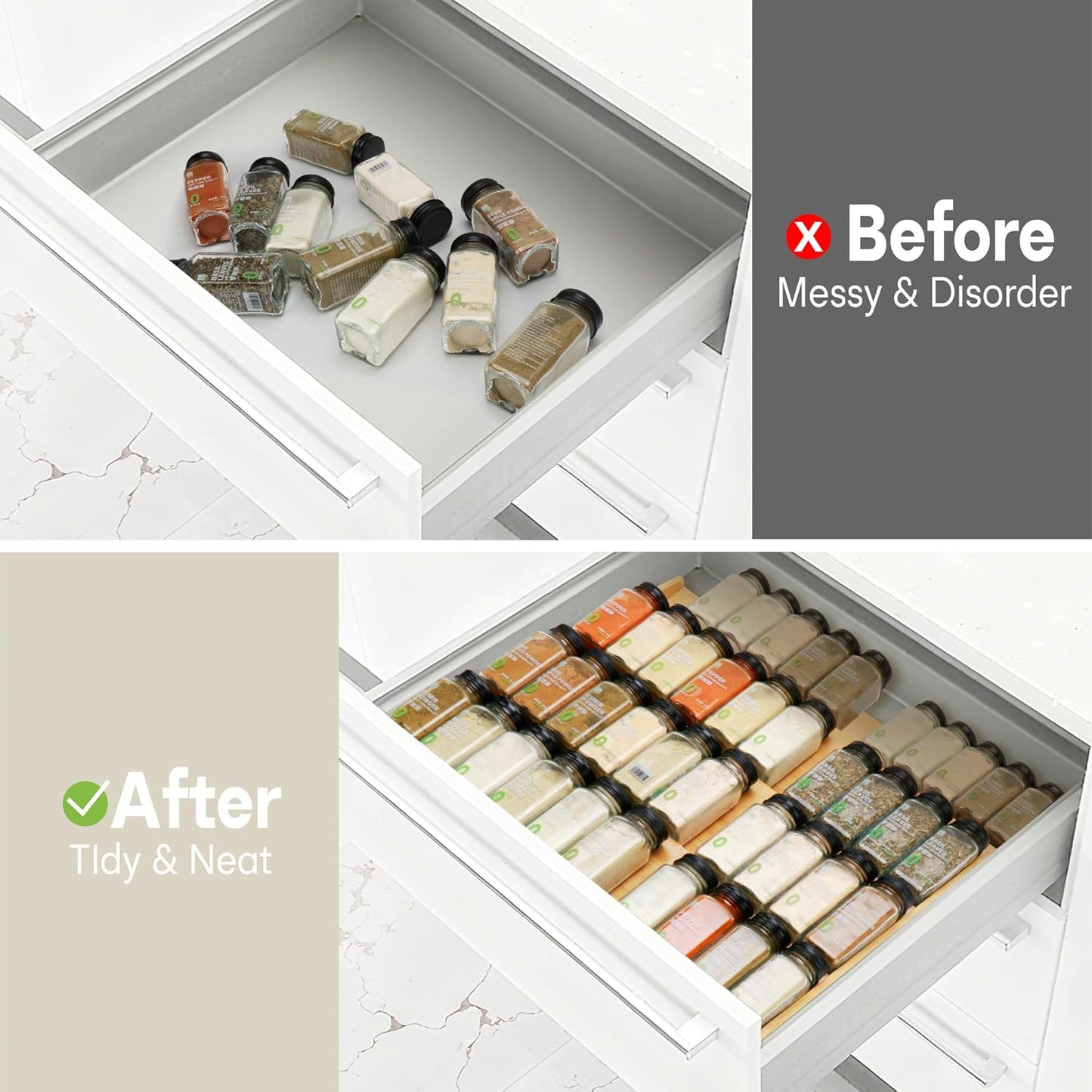 Bamboo Spice Drawer Organizer, 4-Tier Spice Rack for Cabinet | 12"-23" Expandable,No Assembly,Seasoning Storage Insert,(Need 3.1” Deep Drawer) Spice Organizer for Drawer,Jars Not Included
