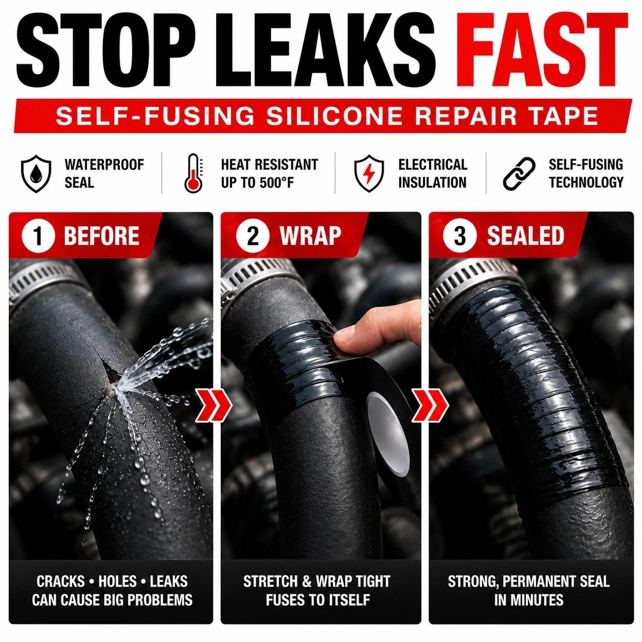 Self-Fusing Silicone Sealing Tape, Waterproof Repair Tape for Hose, Pipe, Electrical Cable, High Strength Leak Fix Wrap, Weatherproof Emergency Insulation Tape (1" x 5' x 20mil)