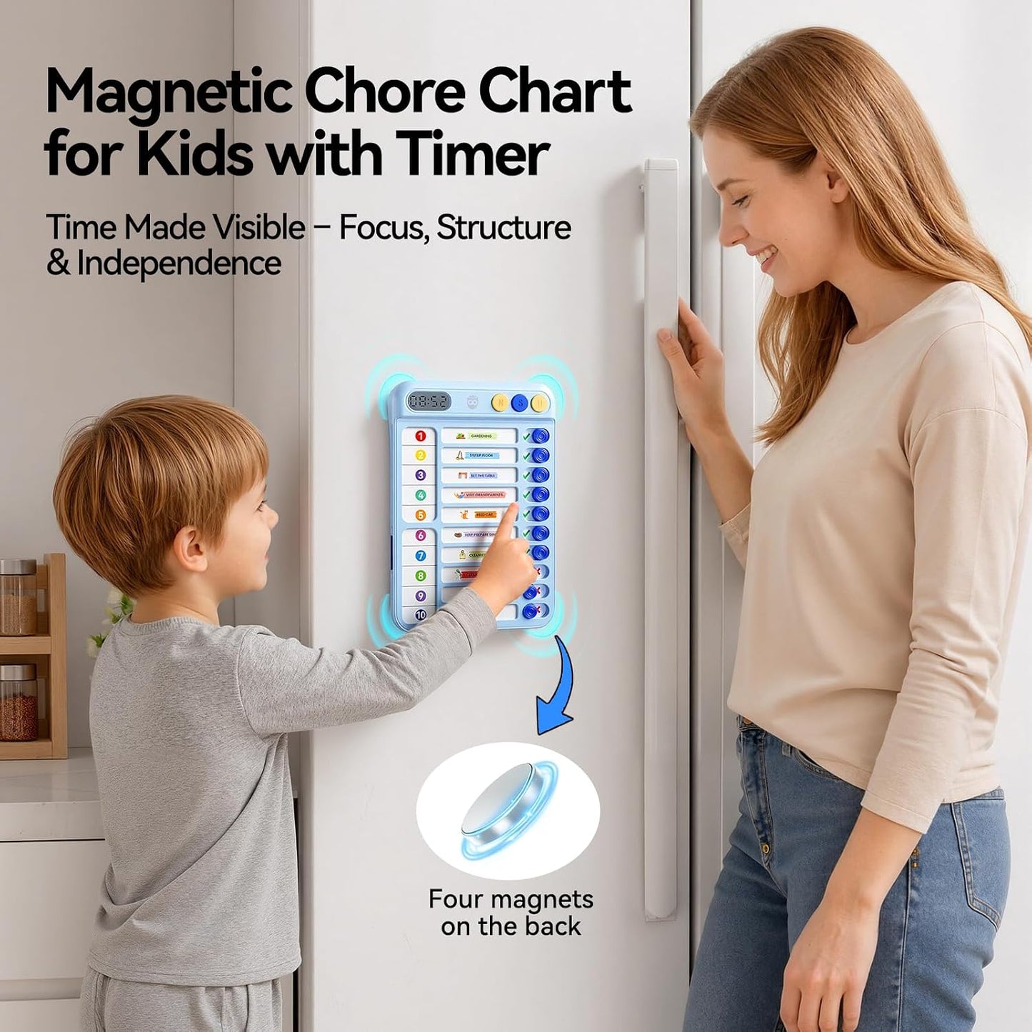 Chore Chart for Kids with Timer, 21 PCS Checklist Magnetic Schedule Board, ADHD Tools with 99-Min Countup/Down Visual Timer, Bedtime/Morning/Daily Routine Chart Dry Erase to Do List with Slider(White)