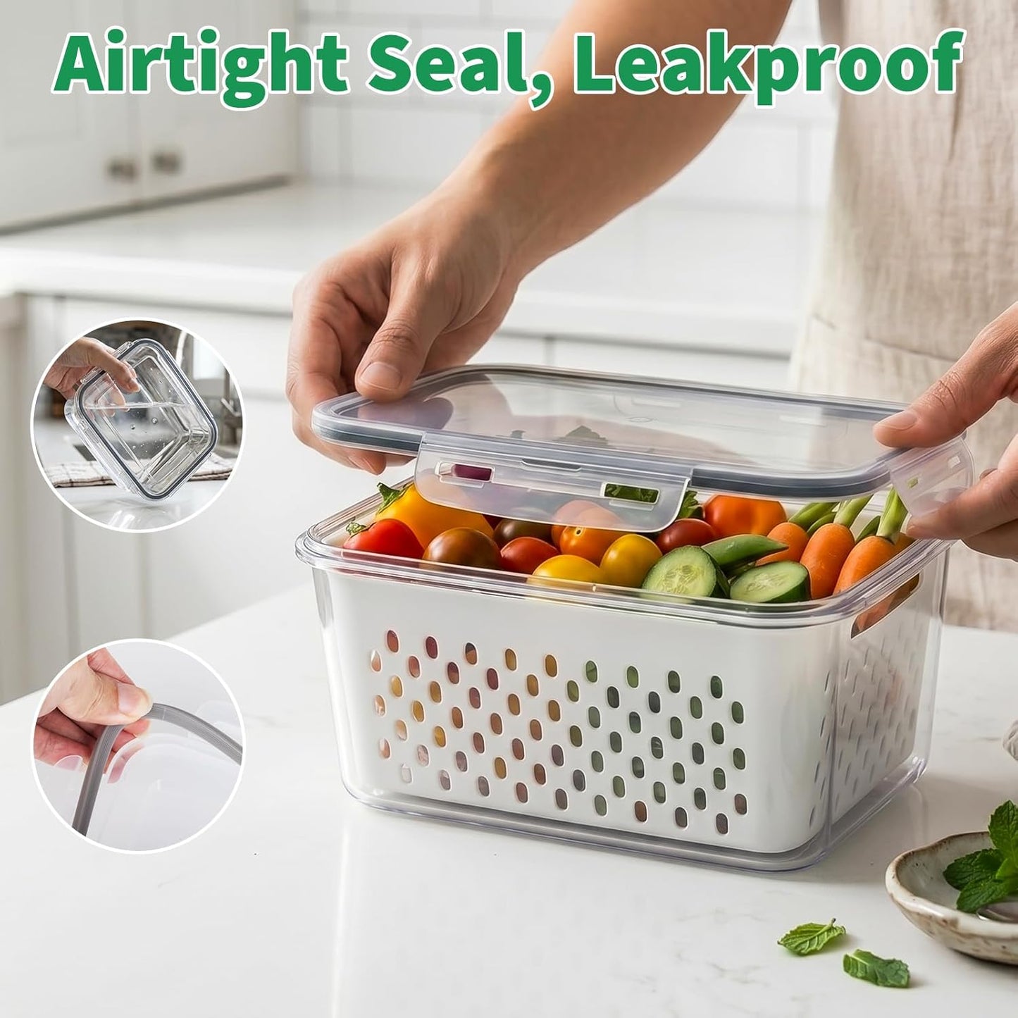 Vegetable Containers for Fridge, Stay Fresh Fruit Vegetable Storage Containers with Lid and Removable Colander, Stackable Vegetable Storage for Berry Salad Lettuce Vegetables Meat Various Food, 3PCS