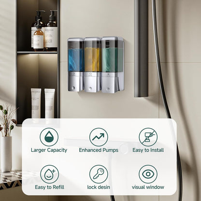 Shampoo and Conditioner Dispenser 3 Chamber No Drill Shampoo Dispenser for Shower Wall Mounted Shower Soap Dispenser 3 * 500ml Refillable Shower Dispenser for Bathroom Hotel(Black 3 Chamber)