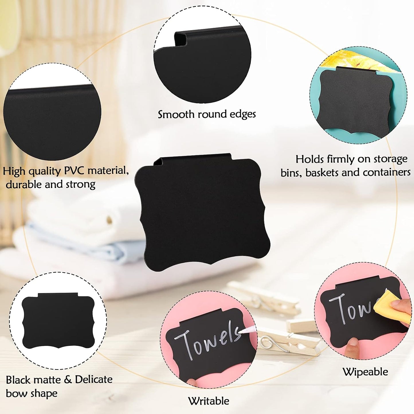 Plastic Basket Bin Label Clip on Removable Basket Label Kitchen Pantry Basket Label Clip with White Chalk Markers Kitchen Clip Label Holders for Storage Bin Clip Basket Box Hanging Label (18 Pieces)