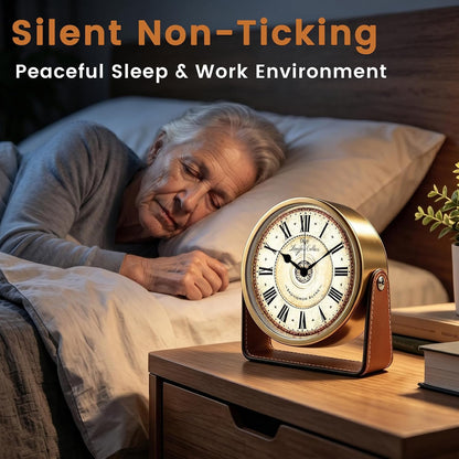 Analog Alarm Clock - 4.5" Silent Non Ticking Small Clock with Light, Rotatable Stand Metal Desk Clock Battery Operated, Simple Design for Living Room Decor/ Bedroom/Bedside/Shelf (Black & White)