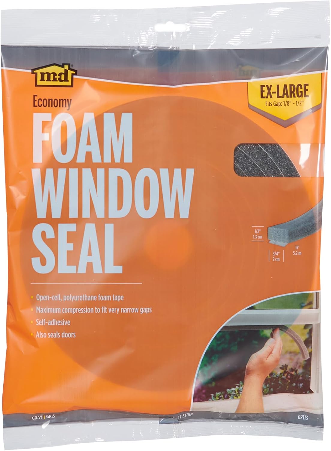 MD Building Foam Window Seal for Ex-Large Gaps, Gray, 17ft | Open-Cell Polyurethane Foam, Self-Adhesive Backing, Cut-to-Length Scissors, Seals Drafts Moisture Dust Insects