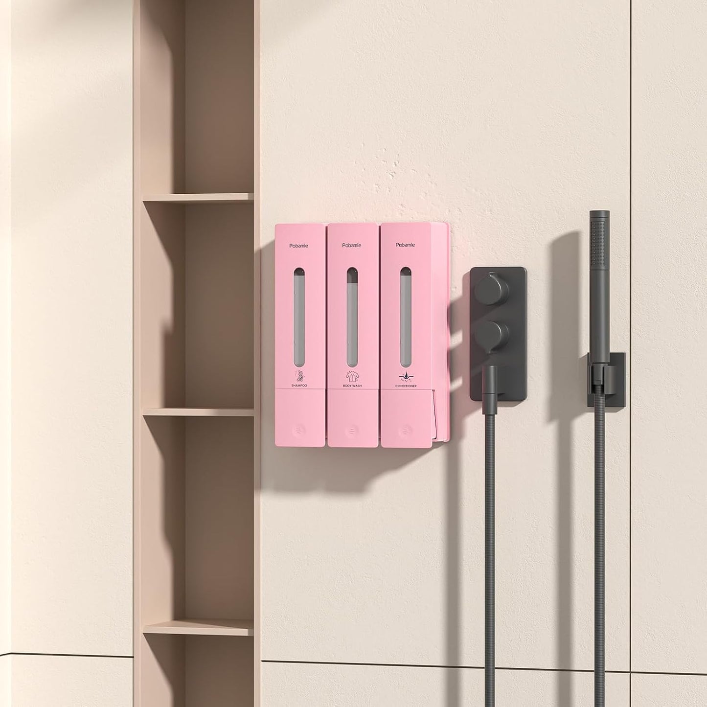 1984 Shower Soap Dispenser Bathroom Set Shampoo Conditioner Body Wash Dispenser Wall Mounted Shower Shampoo Dispenser 3 Chamber No Drill for Home Star Hotel 3 x 400ml Pink