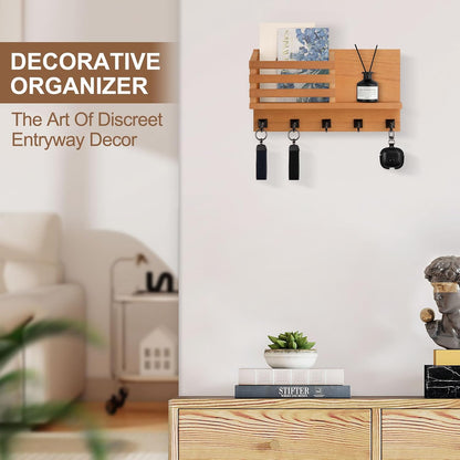 Key Holder Wall Mount, Mail Organizer for Wall with 5 Square Key Hooks | Key Holder for Wall, Key Holder with Shelf Farmhouse Home Decor for Home Entryway