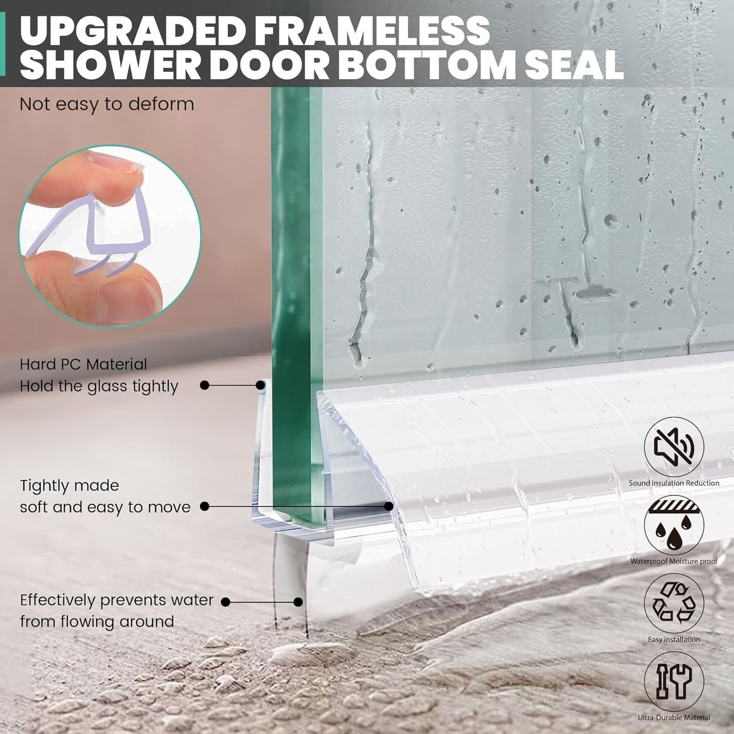 Frameless Shower Door Bottom Seal Strip for 3/8"(10mm) Thick Glass, Super Clear 36 Inch Long 2PCS Shower Door Seal, to Water Block