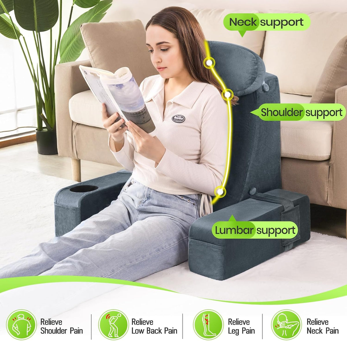 21 INCH Reading Pillow for Adults, Back Pillow for Bed Sitting Up, Backrest Pillow for Sitting in Bed, Detachable Arms with Built-in Cup & Phone Caddy (Gray, 21 INCH)