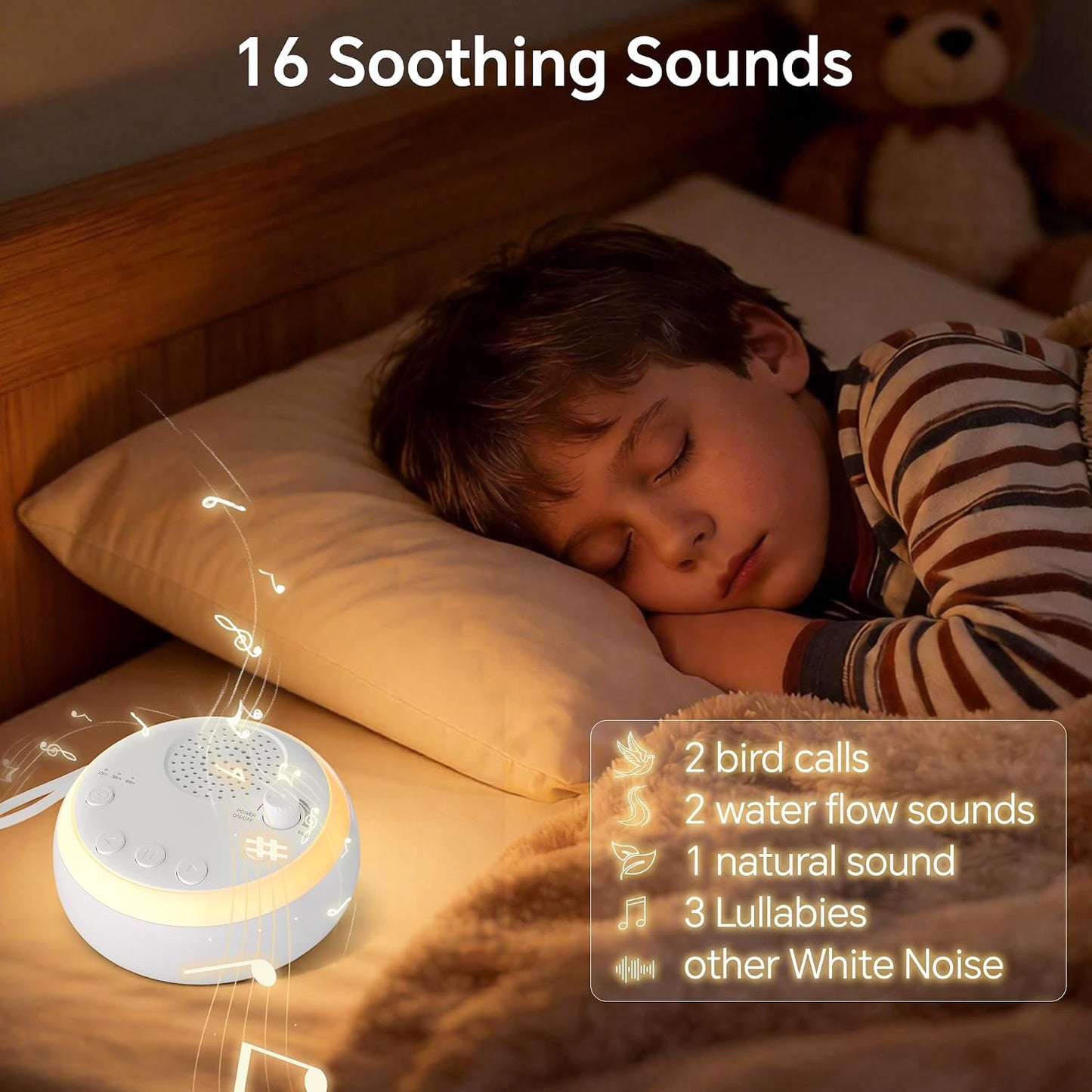 Portable White Noise Machine with 16 Soothing Sounds & 3 Color Night Light - Memory Function, 3 Timers, Adjustable Brightness for Adult, Home, Office, Travel