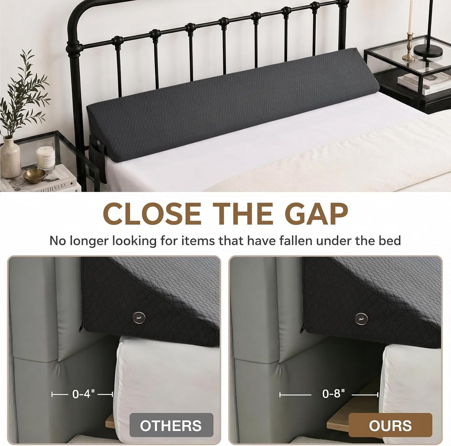 Twin Bed Wedge Pillow for Headboard Gap/Bed Gap Filler Black | Long Triangle Corner Pillows with Pockets,Dense Foam,Pillow Prevents Stuff Drops, Between Twin Mattress and Frames Home Decor