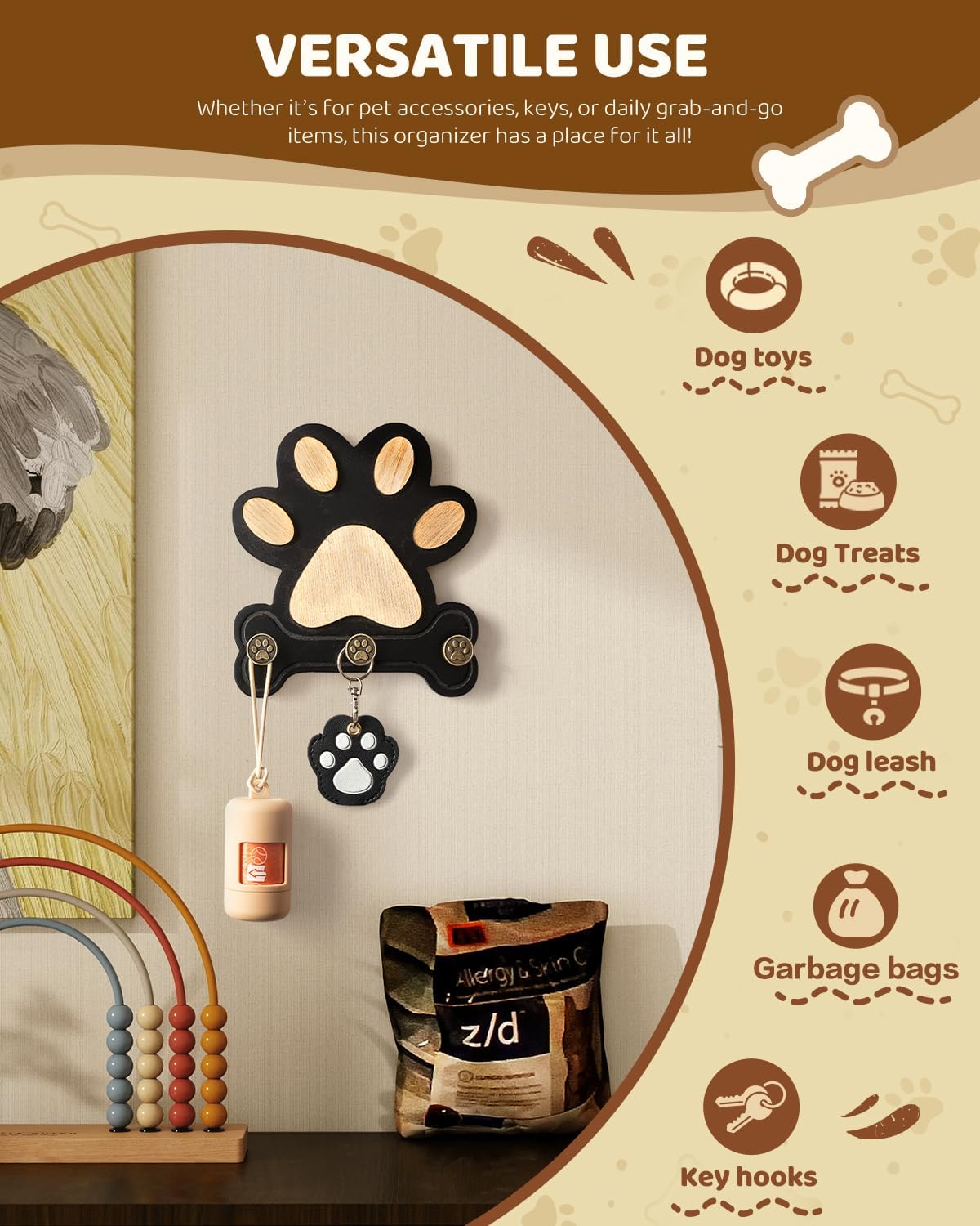 MTERSN Pine Wood Dog Leash Holder for Wall for Dog Walking Station, Black