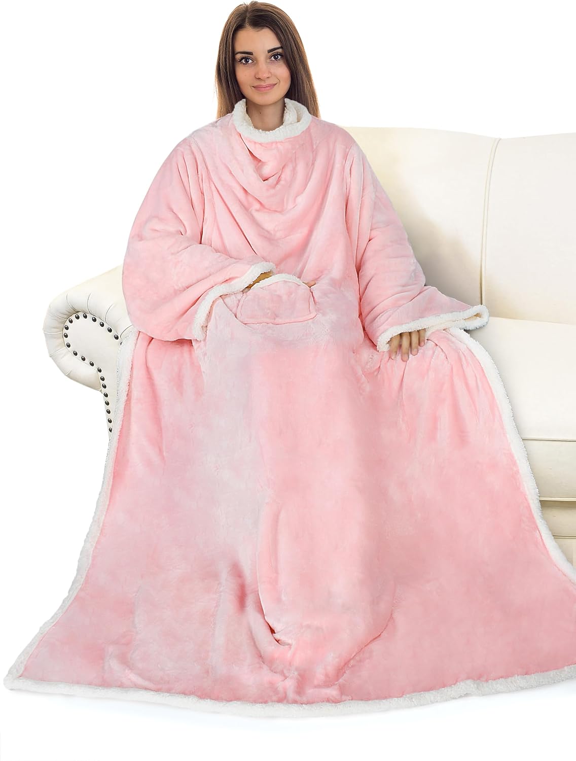 Catalonia Sherpa Wearable Blanket with Sleeves and Pocket for Adults