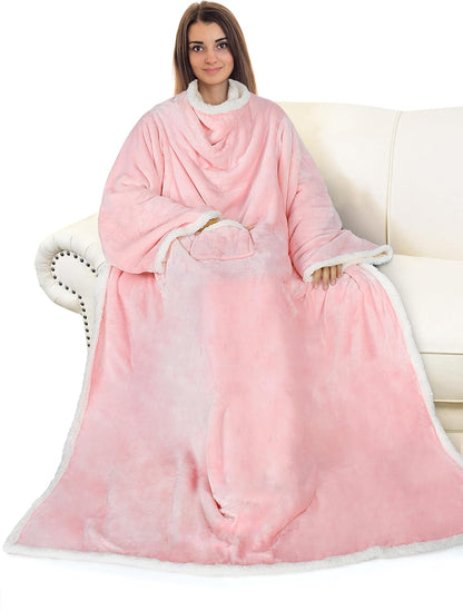 Catalonia Sherpa Wearable Blanket with Sleeves and Pocket for Adults