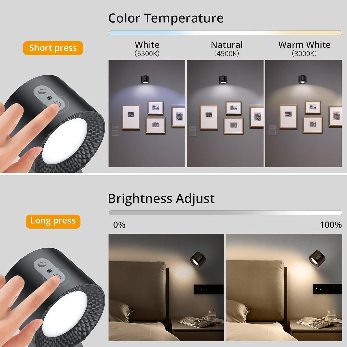1PCS Wall Mounted Light Lamp Rechargeable Wall Sconces 3 Color Temps 9 RGB