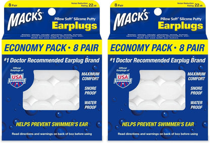 Mack's Pillow Soft Silicone Earplugs, 8 Pair - The Original Moldable Silicone Putty Ear Plugs for Sleeping, Snoring, Swimming, Travel, Concerts and Studying | Made in USA