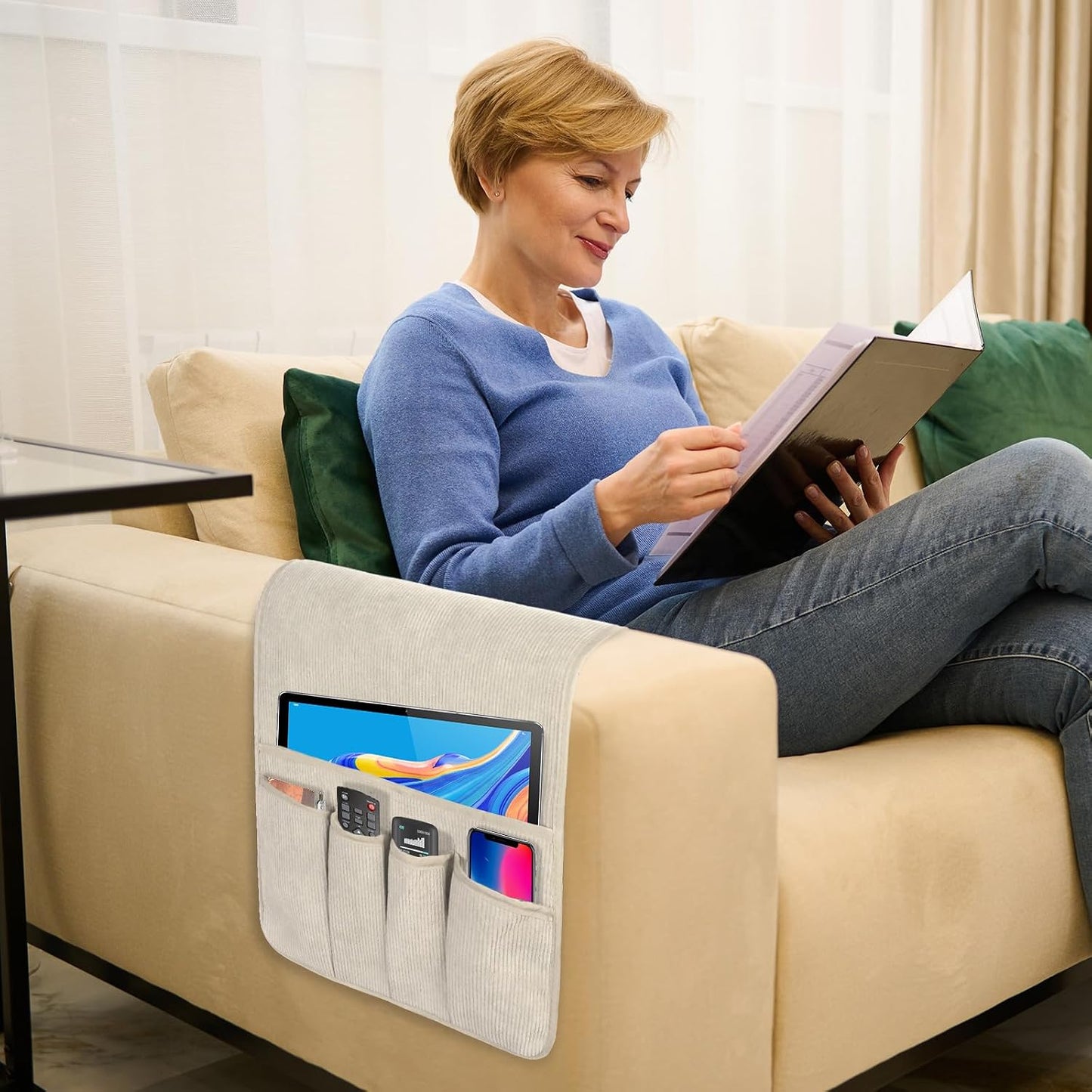 Remote Control Holder, Anti Slip Armchair Caddy Couch Caddy with 5 Pockets | Remote Holder Couch Caddy with 5 Pockets for Storage Accessories Bedside Organizer Senior Gifts (Beige,35''x12.4'')