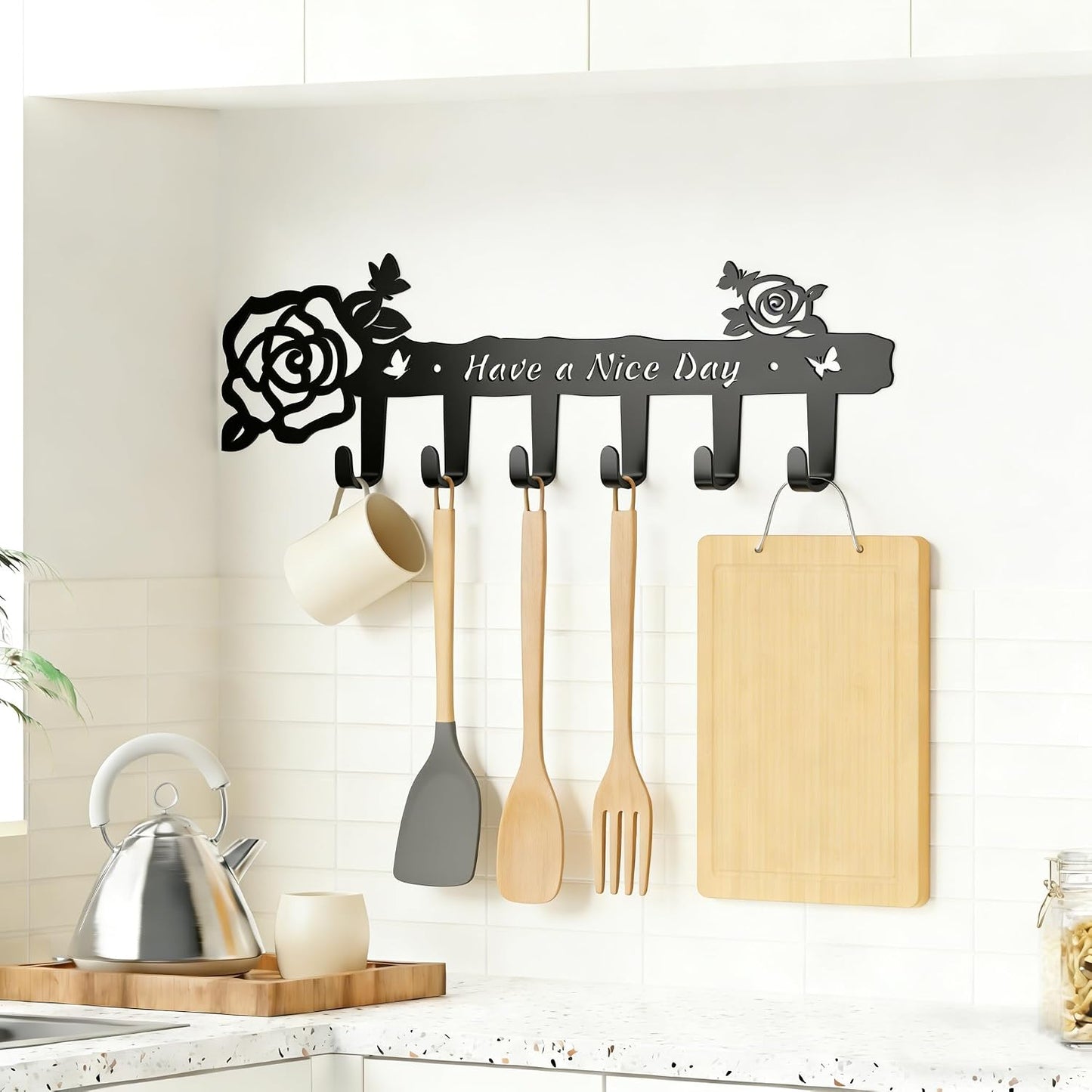 Dog Leash Holder for Wall, Extra Wide 6 Hook Key Rack with Pet Paw Print & Heart, Matte Black Rust-Proof Pet Organizer for Thick Leashes & Keys, Perfect for Mudroom & Entryway, Dog & Cat