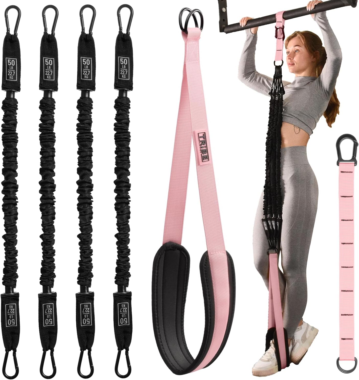 Pull Up Assistance Bands Set with 4 Levels, Adjustable Strap and Foot Rest | 50–200 lb stackable pull-up assistance, nylon-sleeved bands, adjustable support, reduced snap-back risk