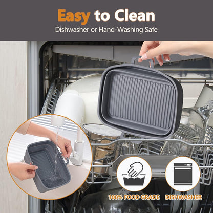 Collapsible Silicone Air Fryer Liners 8QT 10QT Ninja Dual (Gray) | 2 Pack Food Grade Platinum Silicone, Snug Rectangular Fit, Grease Drainage Ridges, Dishwasher Safe, BPA Free Basket Liner