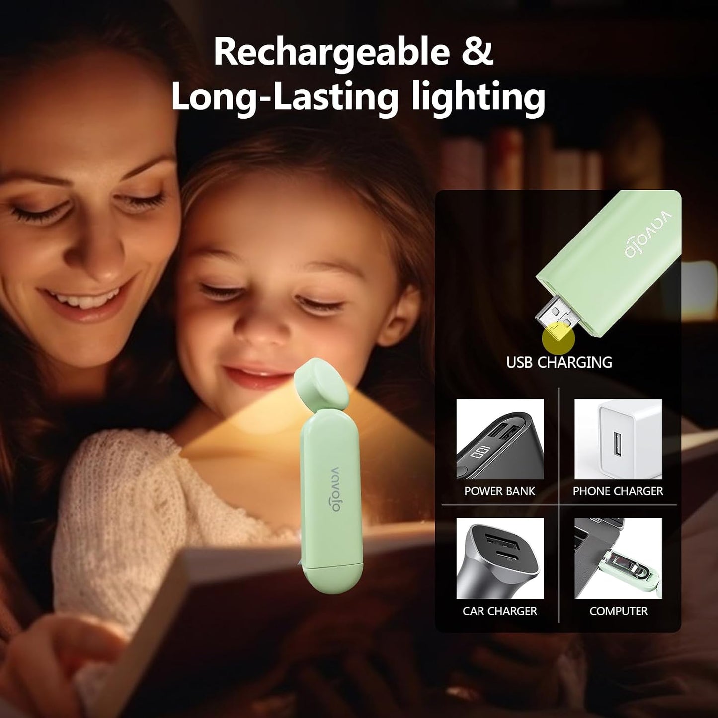 VAVOFO USB Rechargeable Bookmark Reading Light, Blue Light Blocking Amber LEDs for Bedtime Reading - Clip On, 9 Lighting Modes
