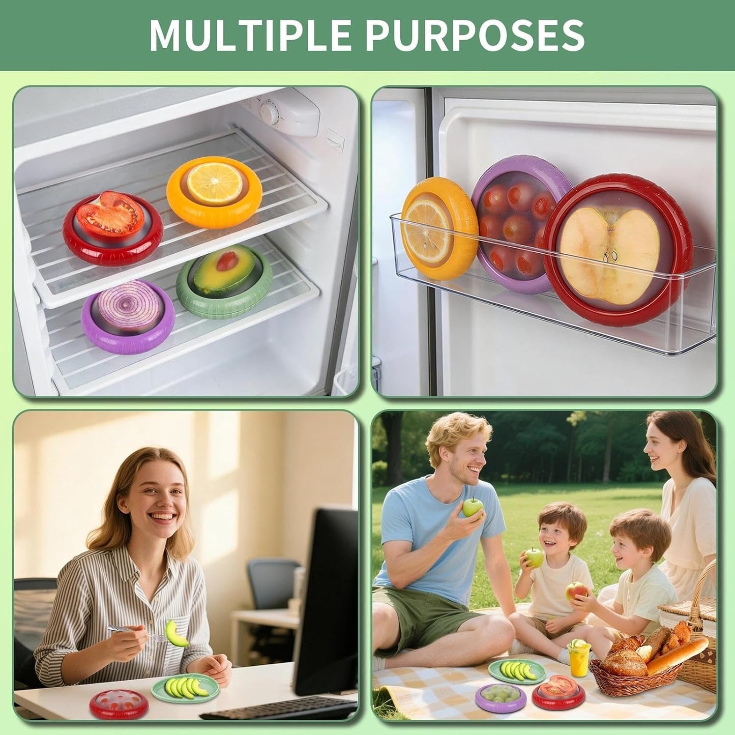 Avocado Saver Set of 4 Stretch Silicone & Plastic Food Storage Pods, Reusable Leak-Proof Produce Containers for Fridge, Keep Onion Lemon Tomato Vegetable Fresh
