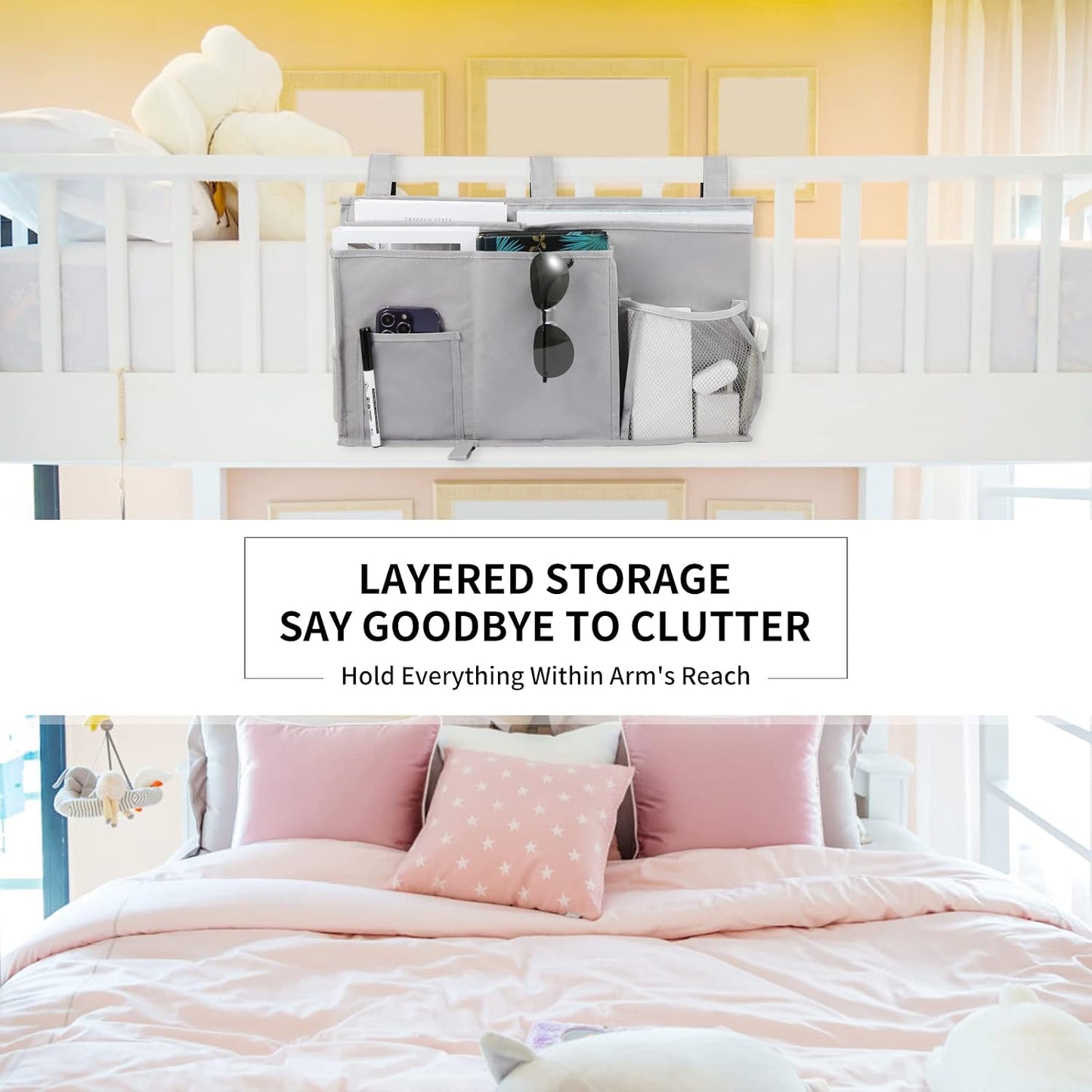 Joyfulife Bedside Caddy Bunk Bed Organizer Bedside Storage Organizer Hanging Bed Organizer Storage Bag Pocket for Bunk, Hospital Beds, College Dorm Rooms, Baby Bed Rails, Camp 8 Pockets (A-Gray)