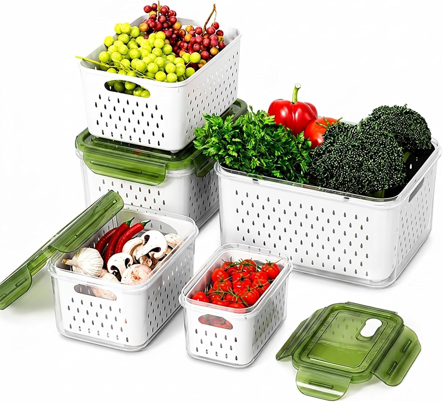 Fruit Storage Containers for Fridge with Removable Colander, Food Storage Containers with Lids, Dishwasher & Microwave Safe, Keep Berry Fruit Vegetable Meat Fresh Longer (Clear Body/Clear Lid)