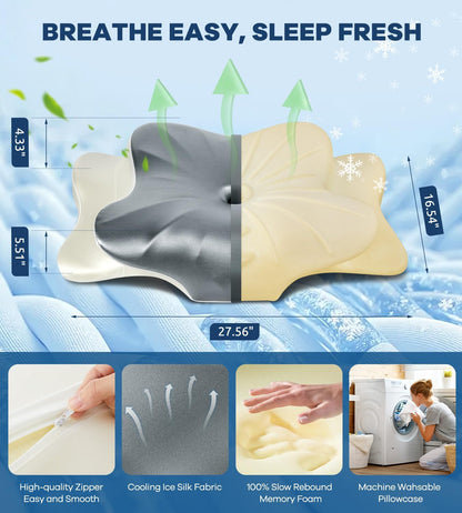 DONAMA Contour Cervical Neck Pillow for Neck Pain Relief | Queen,Ergonomic Dual-Height,Odorless Memory Foam,Side/Back/Stomach Sleepers,Cooling Hypoallergenic Cover,OEKO-TEX Certified